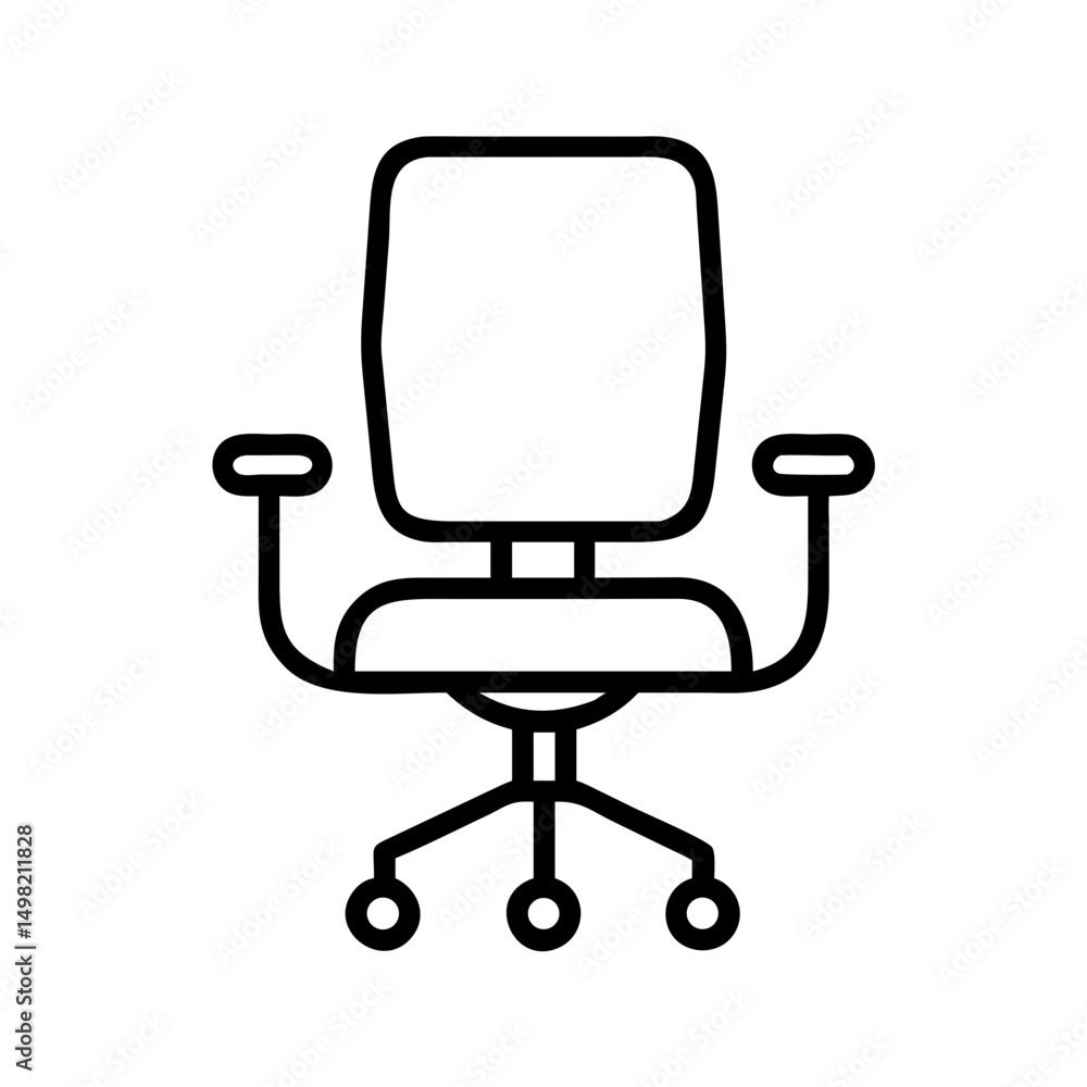 Poster outline drawing of a rolling office chair with armrests and a square backrest design element here