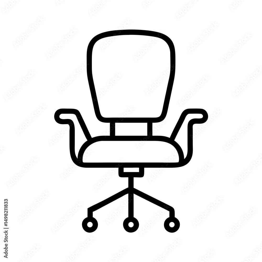 Poster a minimalistic graphic showing a rolling office chair with armrests and a backrest design element