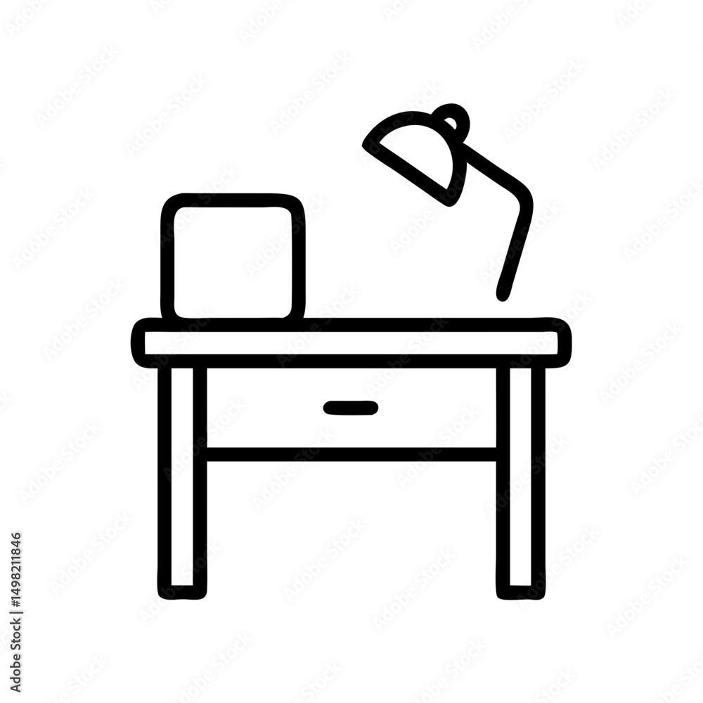 Poster a simple line drawing of a desk with a lamp and a box, minimal design and clean presentation style