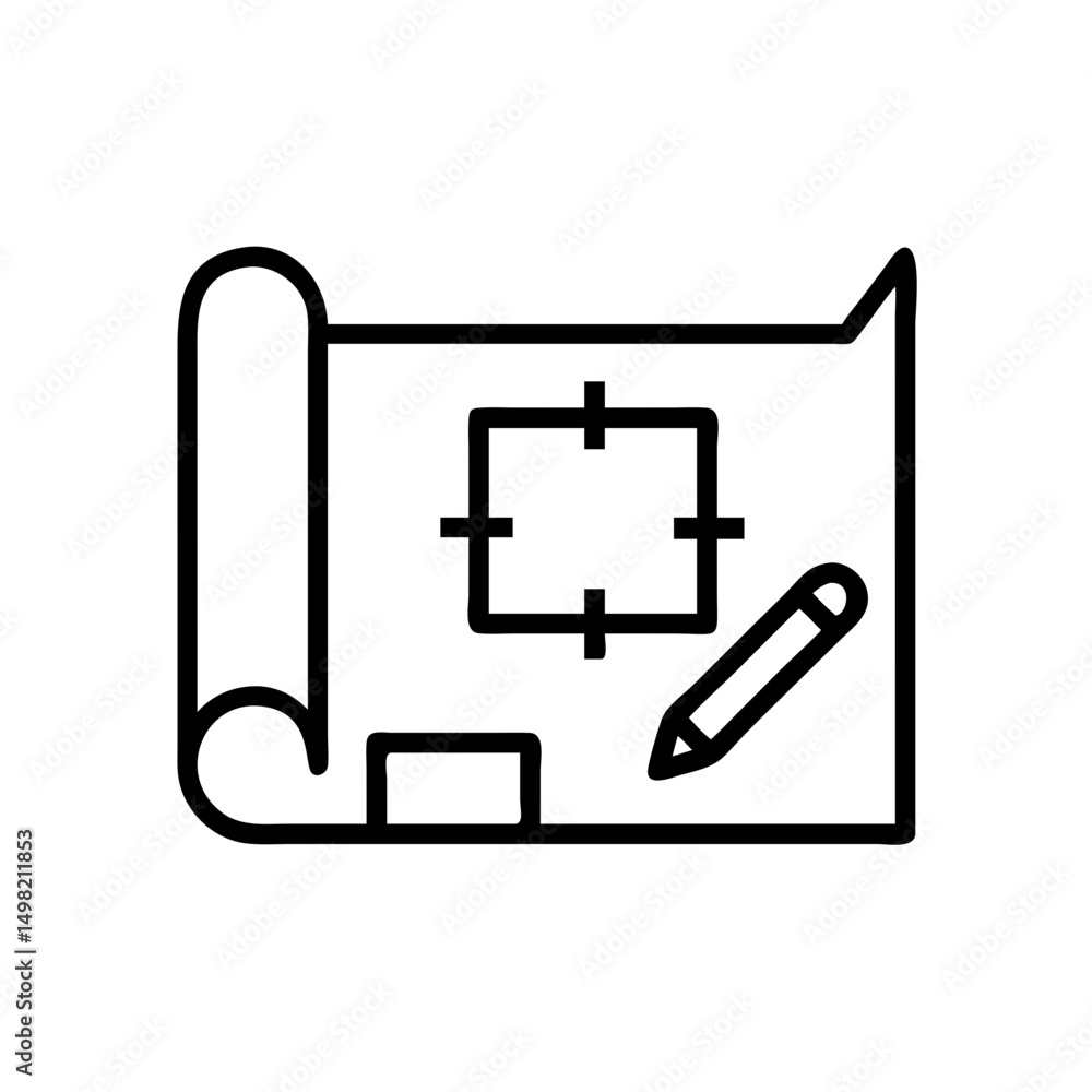 Poster blueprint with square target and pencil on a scroll design for architecture or engineering drawing p
