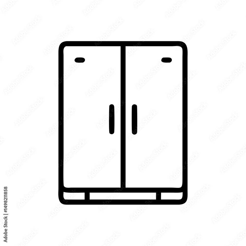 Poster a simple graphic showing a closed double door cabinet with handles and a base shelf design element