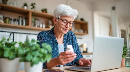 Mature woman working on laptop, browsing prescription medication, holding pill bottle near kitchen counter, utilizing digital health resources with ease