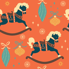 Christmas seamless pattern with rocking horse, balls, snowflakes on red background. Vector illustration. 