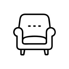 Simple outline drawing of a cozy armchair with three dots above the cushion shown in black and white