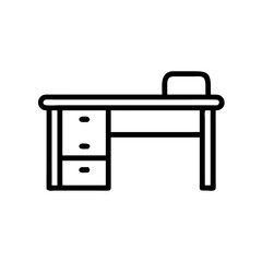 A simple outline drawing of a desk with drawers and a small shelf on the right side shown in black