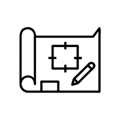 Blueprint with square target and pencil on a scroll design for architecture or engineering drawing plan