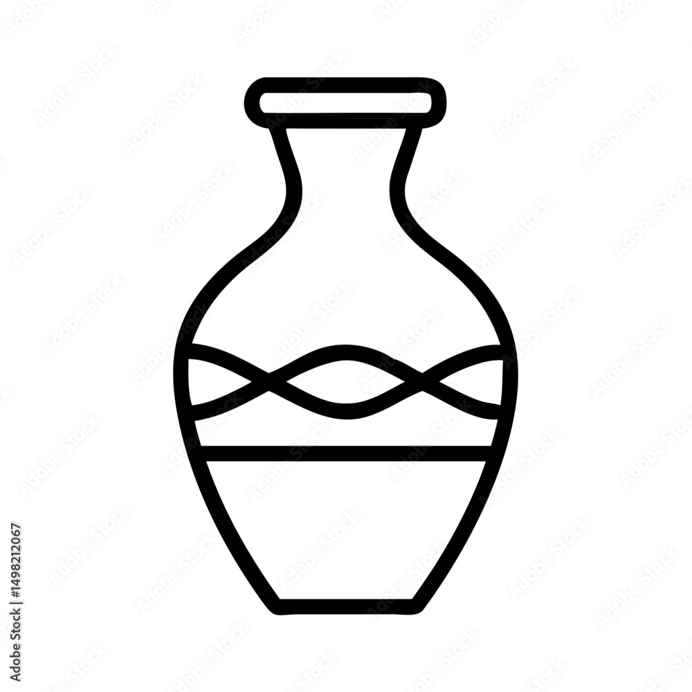 Poster outline drawing of a decorative clay container with wavy lines around the center section design elem