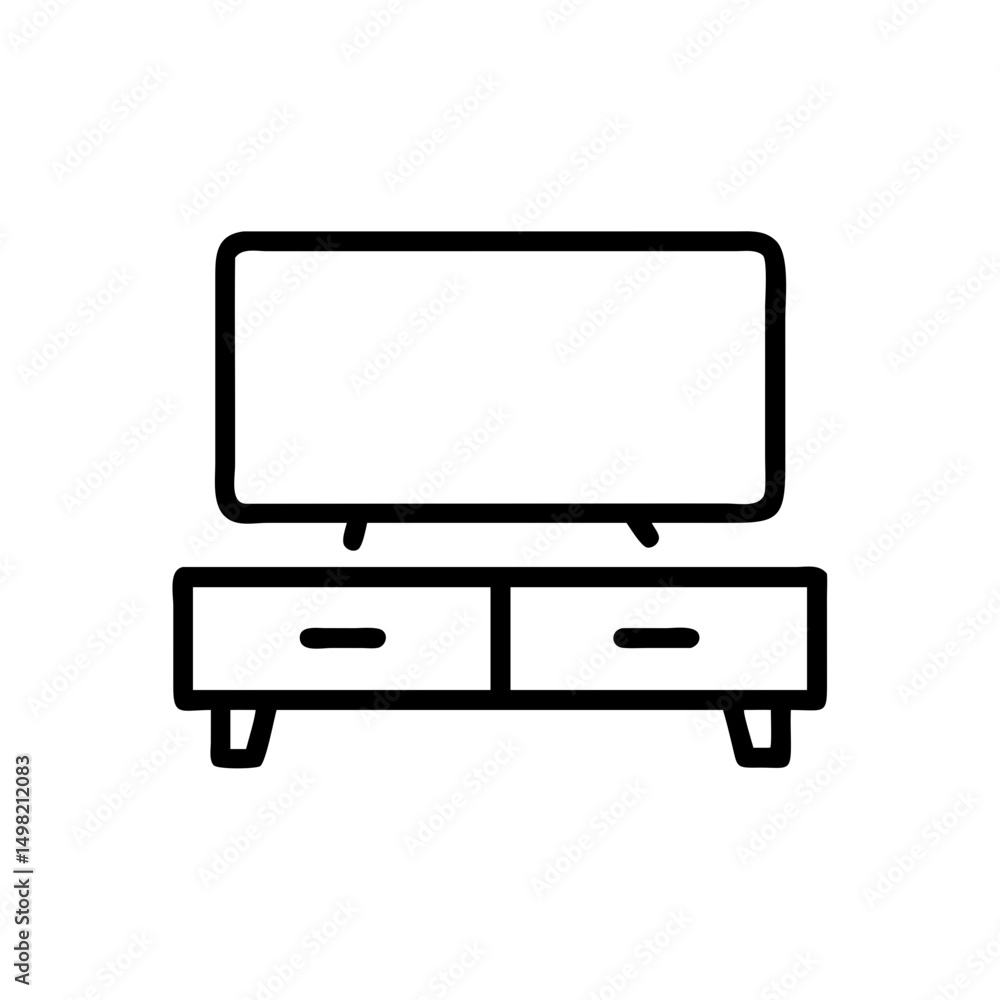 Aufkleber outline drawing of a flat screen display sitting on a cabinet with two drawers shown in simple style
