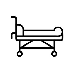 A simple line drawing of a hospital gurney with wheels and a handle for easy patient transport use