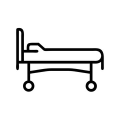 Simple line drawing of a hospital cot with wheels and a headboard in black outline style design