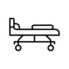 A simple line drawing of a hospital bed on wheels with a pillow and headboard design element
