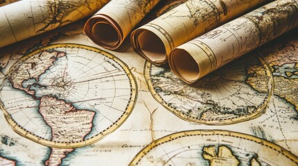 Vintage World Map with Rolled Scrolls Captured in Close-Up View