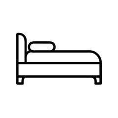 Simple drawing of a bed with a headboard and a pillow in black outline on a white background image