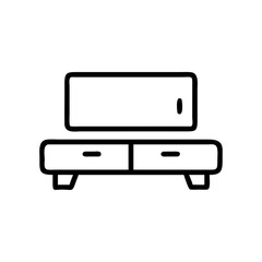 Drawing of a television sitting on a stand with drawers in a simple black and white outline style