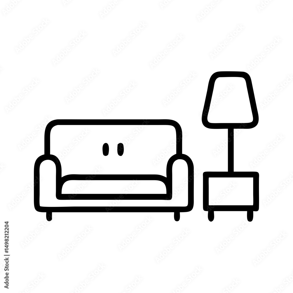 Poster a simple drawing of a couch with two cushions and a lamp on a small table beside it shown