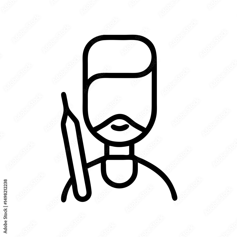 Poster stylized depiction of a bearded man holding a tool like knife object in a simple outline drawing sty