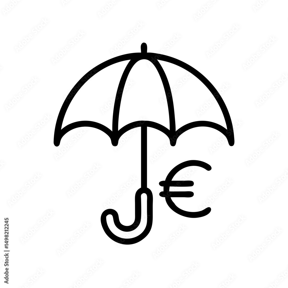 Poster outline drawing of an open rain protector with a euro currency symbol beside it in simple style