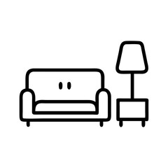 A simple drawing of a couch with two cushions and a lamp on a small table beside it shown