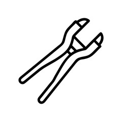 A simple depiction of a pair of pincers with black outlines on a white background, tool for gripping