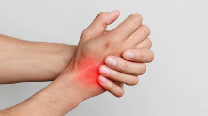 Male grabbing injured wrist, red highlighted area signaling potential strain or medical concern needing professional evaluation