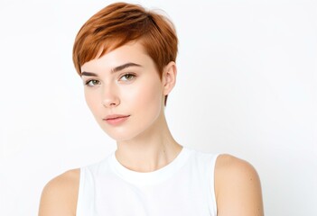 Fototapeta premium A woman with short red hair wearing a white shirt.