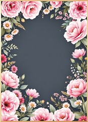 Elegant floral frame with pink peonies and daisies on a dark background with golden border