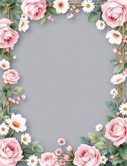 Fototapeta premium Pink roses and white daisies floral frame illustration on gray background