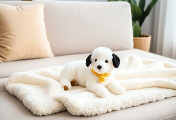 A white puppy laying on top of a white dog bed.