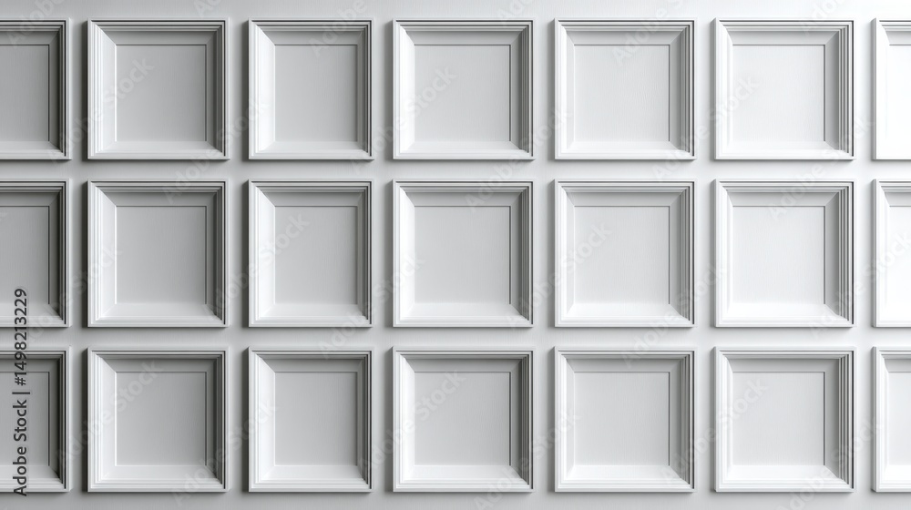 Poster white square panels creating geometric pattern on wall, representing minimalist architectural design