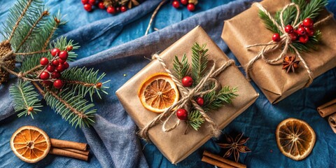 Beautifully wrapped gifts adorned with natural elements, featuring sprigs of evergreen, dried citrus slices, red berries, and star anise, creating a festive and rustic ambiance.