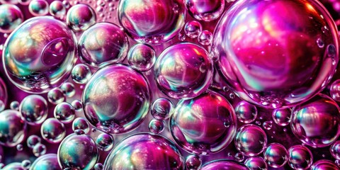 A vibrant abstract pattern of iridescent bubbles in shades of pink, purple, and teal, reflecting light and creating a captivating visual experience.
