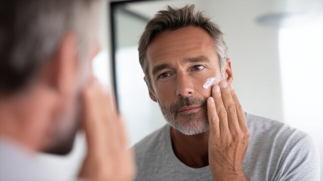 Mature male applying anti aging skincare product, examining facial features near bathroom mirror, emphasizing personal grooming and wellness