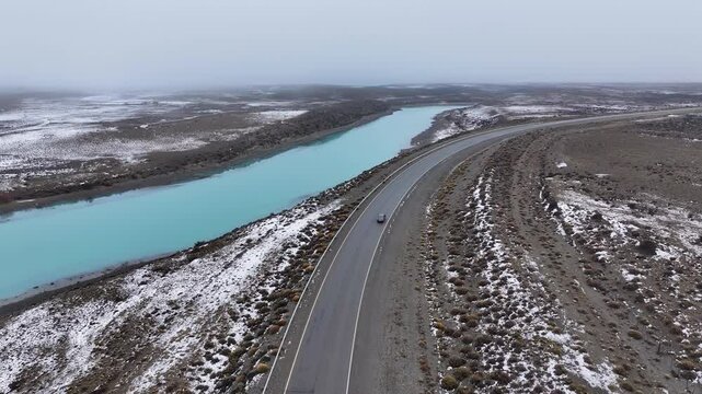 Ruta 40 Road At El Calafate Santa Cruz Argentina. Breathtaking Aerial View Of Busy Traffic In A Freeway Road. South Pole Lake Swiss Alps Snowcapped. Forest Trees Swiss Alps Nature.