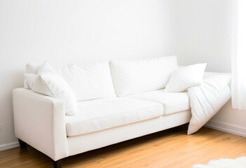 A white couch sitting in a living room next to a window.