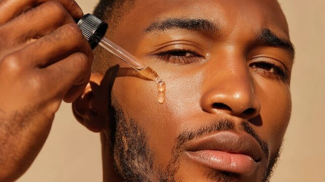 Close up of young man dropper applying facial serum, carefully targeting skincare regimen for nourishing, radiant complexion with precise skincare technique