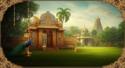South Indian temple with peacock in garden landscape, traditional architecture, heritage monument, cultural religious structure, sacred shrine setting, ornamental pillar, vibrant sky backdrop