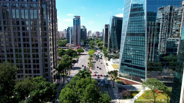 Faria Lima Avenue At Sao Paulo Brazil. Birds Eye View Of Stunning Cityscape With Streets And Buildings. Town Sky Clouds Backgrounds Urban. Outdoors Backgrounds Panorama. Sao Paulo Brazil.