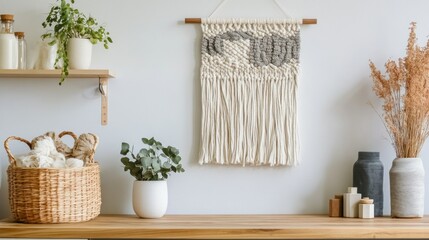 Boho wall hanging decor.  Wooden shelves with plants, basket, and vases