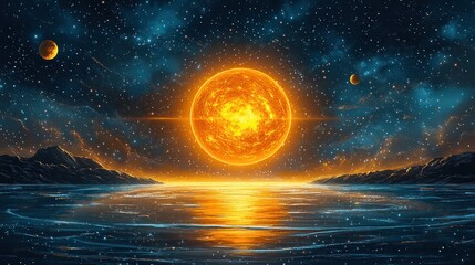 Obraz premium Cosmic Sunset: A Serene Alien Seascape