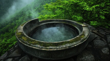 Fototapeta premium A scenic outdoor stone hot tub surrounded by lush green trees