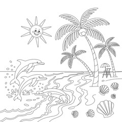 Summer beach scene coloring page featuring playful dolphins palm trees and smiling sun illustration
