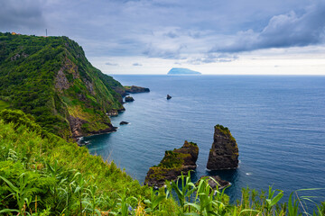 Beautiful cliffs with flowers, green hills and cloudy sky on coast of Flores island, Azores, Portugal