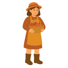 Cute cartoon girl in autumn outfit holding a basket full of apples, vector flat style.