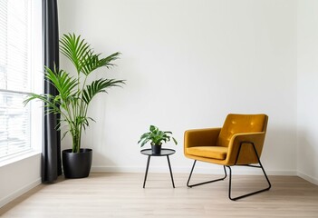 A yellow chair sitting next to a plant in a room.