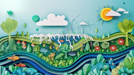 Fototapeta premium Paper Art Depicting Renewable Energy and Nature Harmony