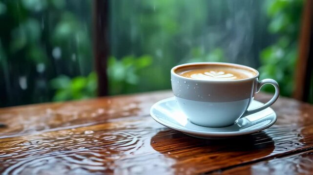 Steaming hot cup of coffee with latte art on a wet wooden table during a rainy day outdoors, cozy drink in nature footage.