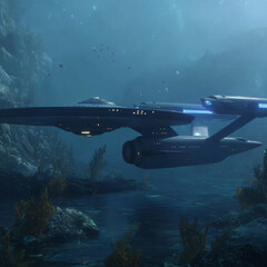 Obraz premium Spaceship Transport Underwater Exploration Futuristic Technology Science Fiction Deep Sea Alien Universe Aquatic Adventure Cosmos Aerospace Marine Environment Spacecraft Innovation Design Aquarium 