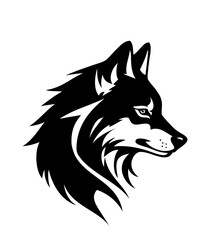 Profile of wolf head, majestic, simple black and white logo. Wolf, husky dog. Friendly, canny. 
