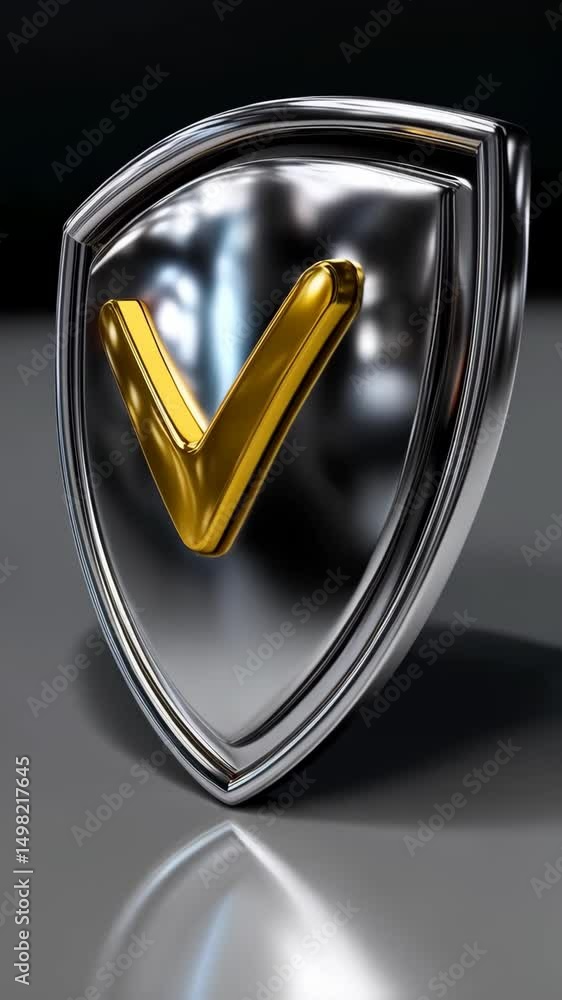 Poster metallic silver shield with gold check mark in a sleek, modern design for security and validation co