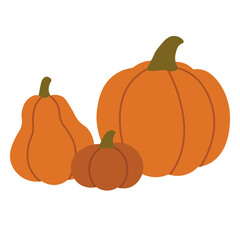 Three orange pumpkins of different shapes and sizes, flat vector illustration for harvest design.